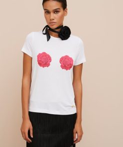 Abbigliamento Carla G | T-Shirt In Jersey Viscosa Elastan Leggero Con Stampa Rose Bianco