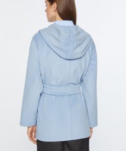 Abbigliamento Carla G | Cappotto Corto A Vestaglia In Caban Lana Cashmere Con Maxi Collo Sciallato E Cappuccio Azzurro