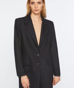 Abbigliamento Carla G | Blazer Lungo In Gabardina Elasticizzata Con Fodera Piu Lunga Nero