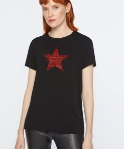 Abbigliamento Carla G | T-Shirt In Jersey Di Viscosa Elasticizzato Leggero Con Stella Di Strass Nero