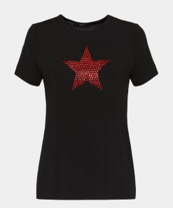 Abbigliamento Carla G | T-Shirt In Jersey Di Viscosa Elasticizzato Leggero Con Stella Di Strass Nero