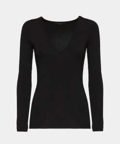 Abbigliamento Carla G | Maglia Aderente In Jersey Di Viscosa Elasticizzato Con Scollo A V Nero