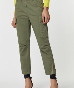 Abbigliamento Carla G | Pantaloni Cargo Con Zip, In Gabardina Di Cotone Elasticizzata Effetto Denim Verde Militare