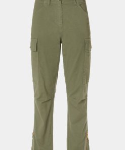 Abbigliamento Carla G | Pantaloni Cargo Con Zip, In Gabardina Di Cotone Elasticizzata Effetto Denim Verde Militare