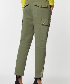 Abbigliamento Carla G | Pantaloni Cargo Con Zip, In Gabardina Di Cotone Elasticizzata Effetto Denim Verde Militare