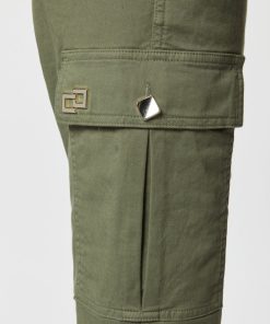 Abbigliamento Carla G | Pantaloni Cargo Con Zip, In Gabardina Di Cotone Elasticizzata Effetto Denim Verde Militare