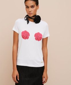 Abbigliamento Carla G | T-Shirt In Jersey Viscosa Elastan Leggero Con Stampa Rose Bianco