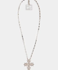 Accessori Carla G | Collana Corta A Catena Con Ciondolo Croce Di Stelle Strass Argento