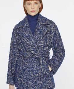 Abbigliamento Carla G | Cappotto Corto Doppiopetto In Caban Resca Con Cintura Blu