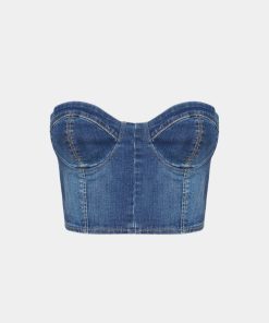 Abbigliamento Carla G | Top Jeans In Tessuto Elasticizzato Lavaggio Medio Con Coppe Sagomate E Ferretti Denim