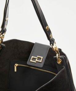 Borse Carla G | Maxi Borsa A Sacco In Camoscio Con Inserti Di Pelle In Tinta Nero