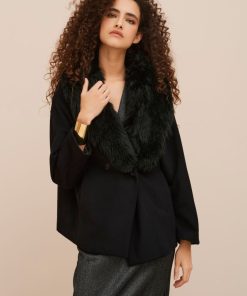 Abbigliamento Carla G | Giaccone In Caban Lana Cashmere Con Maxi Collo Sciallato In Ecovolpe Nero