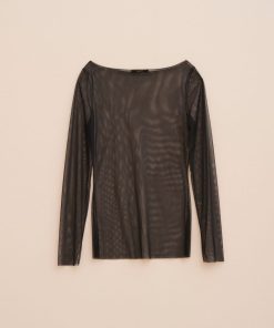 Abbigliamento Carla G | Maglia In Tulle Con Maniche Lunghe Arricciate Nero