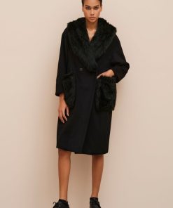 Abbigliamento Carla G | Cappotto A Uovo In Caban Lana Cashmere Con Inserti Di Ecovolpe Nero