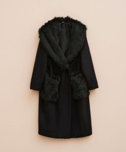 Abbigliamento Carla G | Cappotto A Uovo In Caban Lana Cashmere Con Inserti Di Ecovolpe Nero