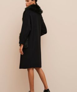 Abbigliamento Carla G | Cappotto A Uovo In Caban Lana Cashmere Con Inserti Di Ecovolpe Nero