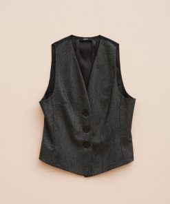 Abbigliamento Carla G | Gilet Sartoriale Foderato In Resca Con Bottoni In Madreperla Nero